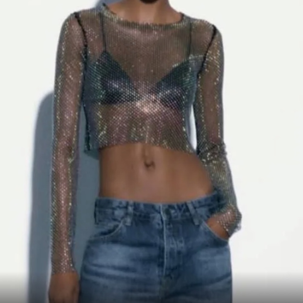 Zara Black Mesh Rhinestone Crop Top